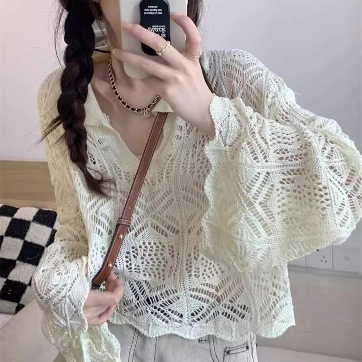 【tops】ベルスリーブ透かしニットトップス Q8308
