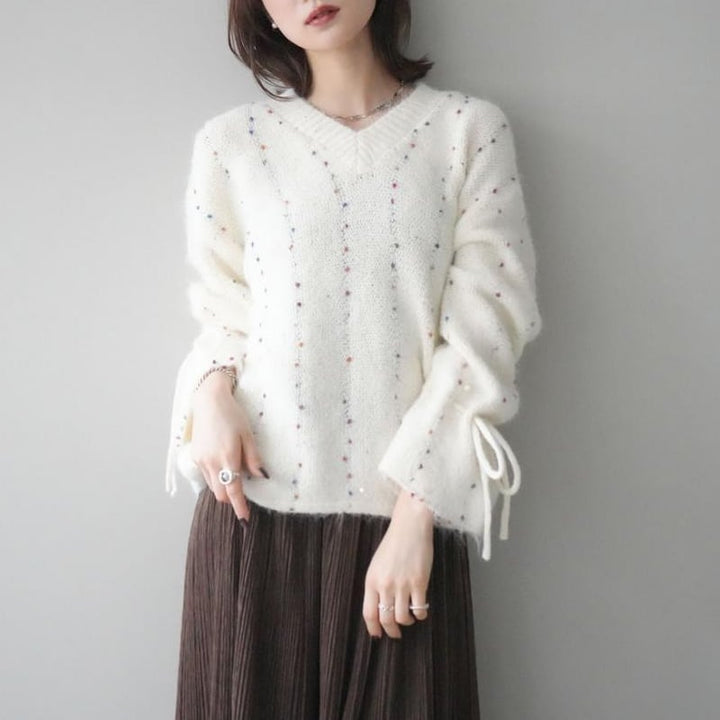 【tops】3色展開Vネックニットトップス Q7702