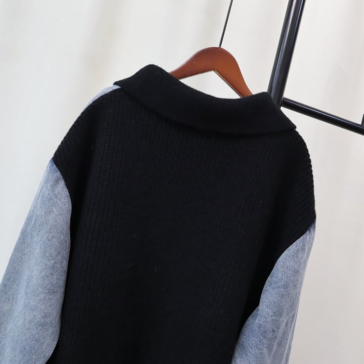 【outer】ロング丈デニム切り替えニットカーデ　M26677