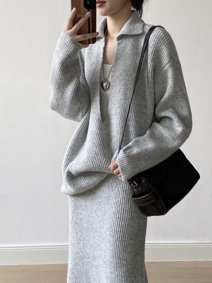【set】Vネックニットトップス×ロングスカートセット　N3441