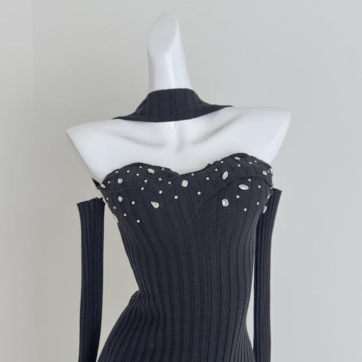 【dress】胸パット付きホルターネックニットワンピース Q7741