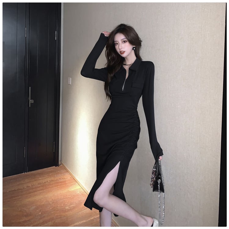 【dress】人気を独占中 POLOネックスリットワンピース　M17014