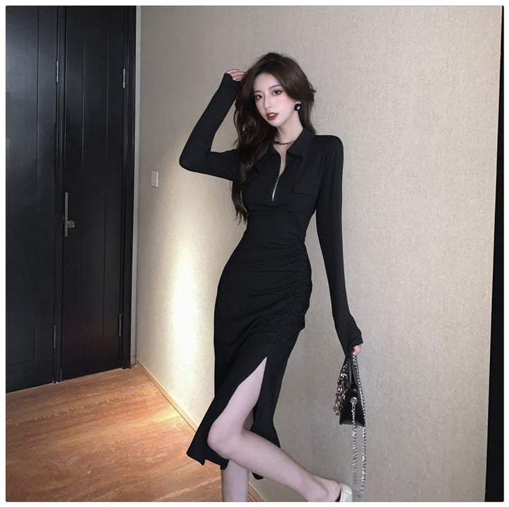 【dress】人気を独占中 POLOネックスリットワンピース　M17014