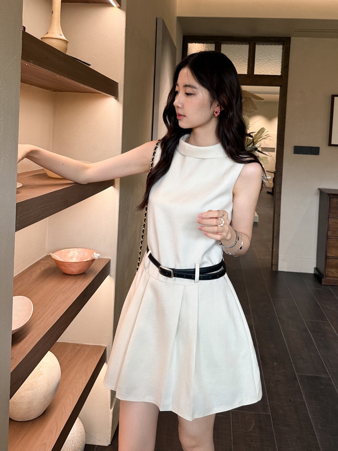 【dress】ベルト付きノースリーブミニワンピース Q8669