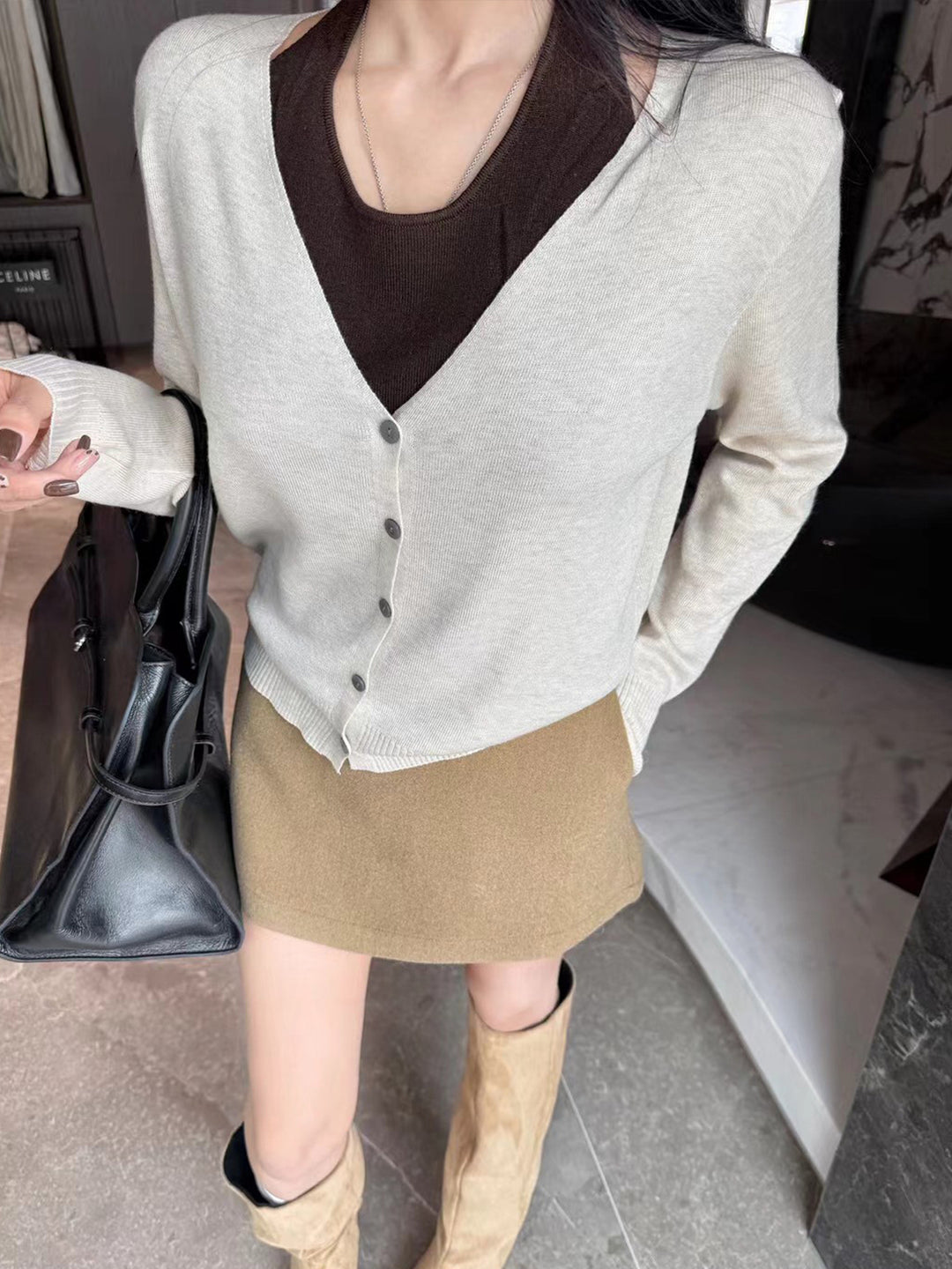 【tops】フェイクレイヤードニットトップス Q9185