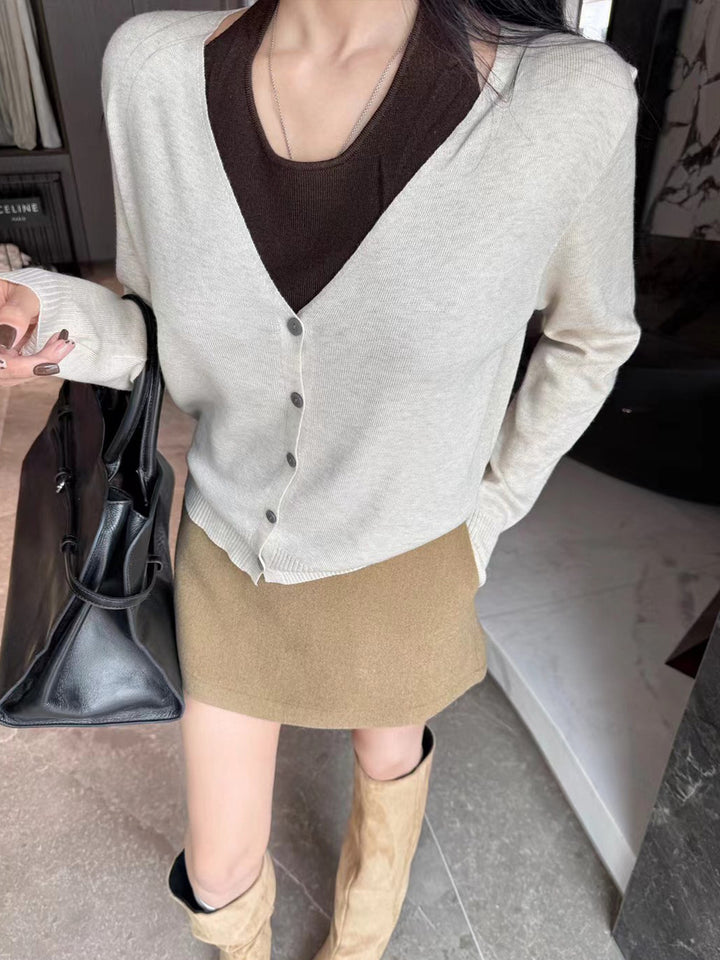 【tops】フェイクレイヤードニットトップス Q9185