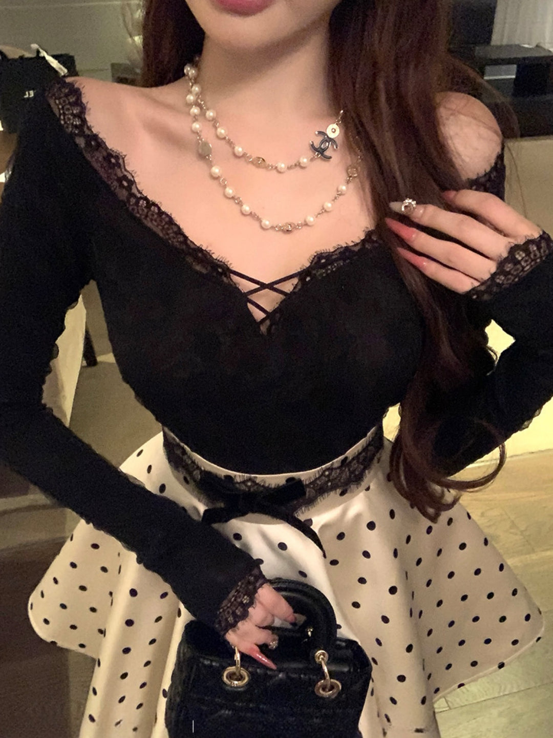 【set】レースドッキングトップス×ドット柄ミニスカートセット Q9278