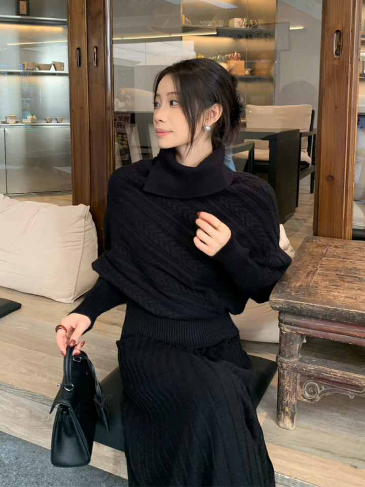 【set】ハイネックニットトップス×ロングスカートセット Q9253