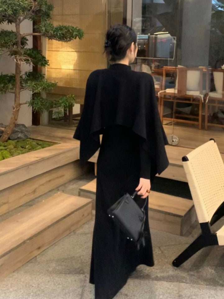 【set】ニットケープトップス×ロングニットワンピースセット Q9261