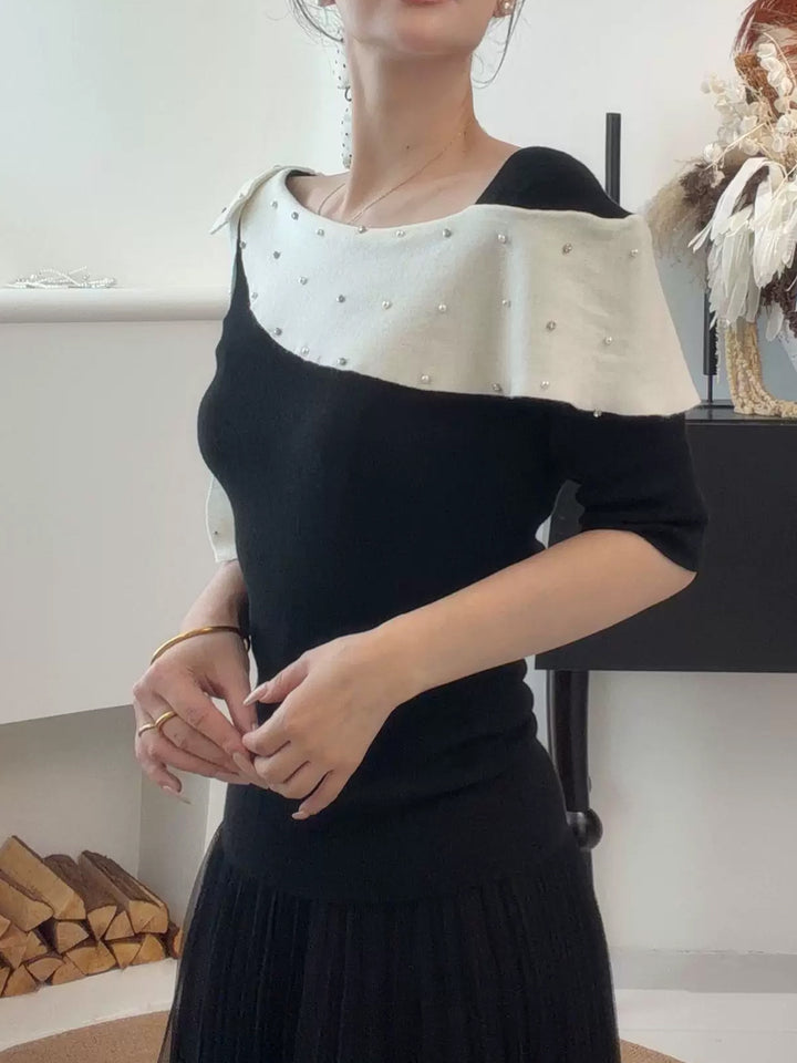 【tops】ラインストーン付きロールカラーニットトップス Q9076