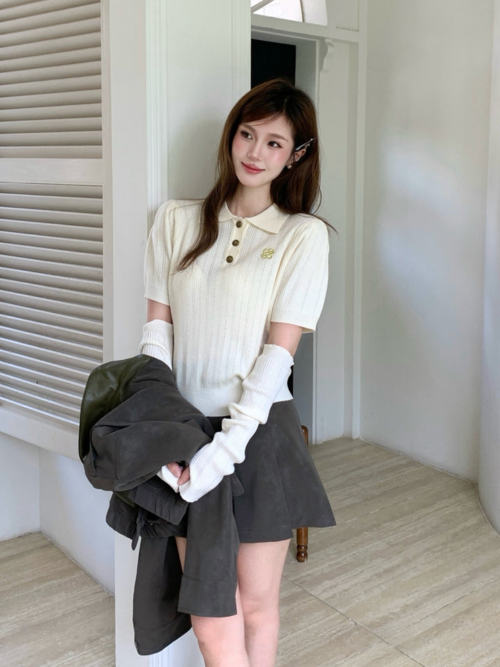【tops】アームカバー付きニットポロシャツ Q8949