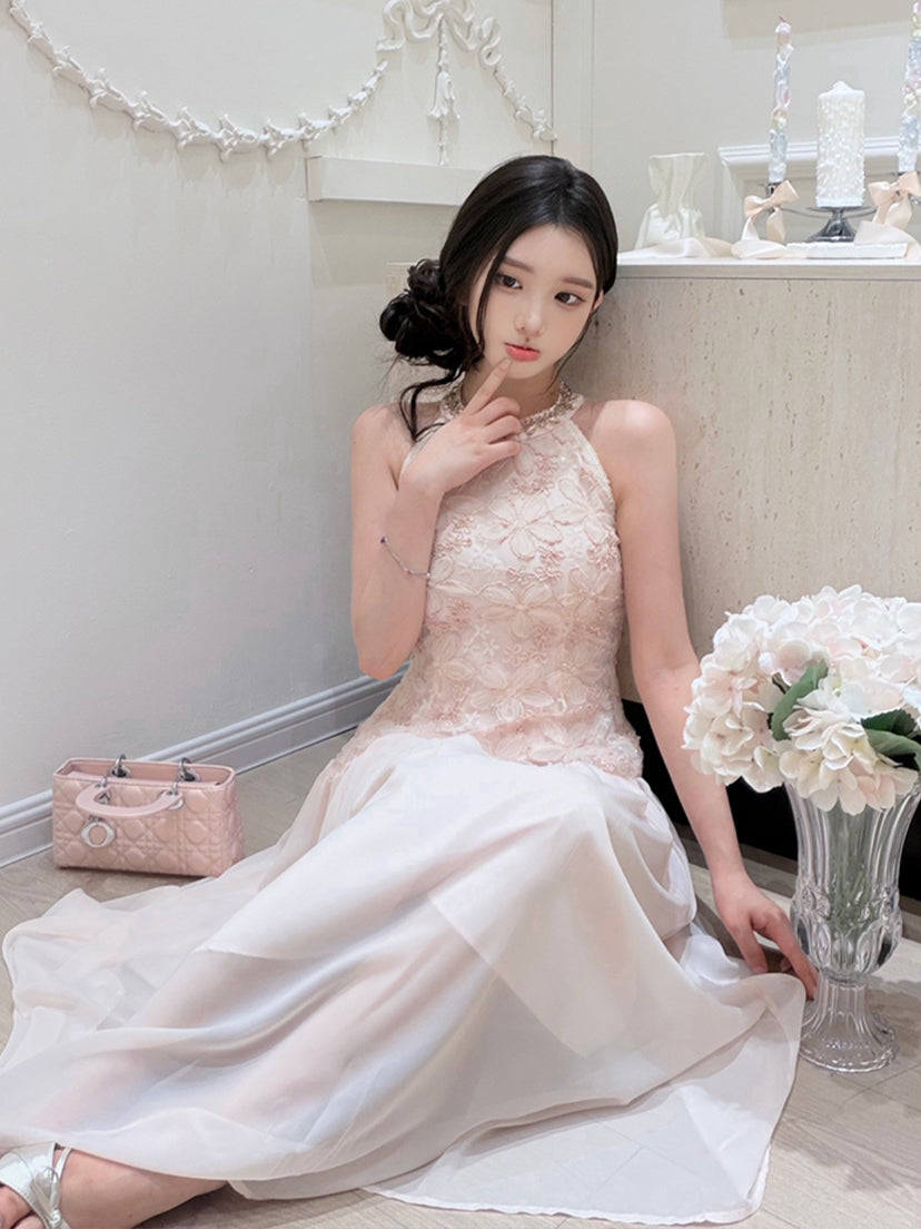 【dress】ノースリーブレースドッキングロングワンピース Q8685