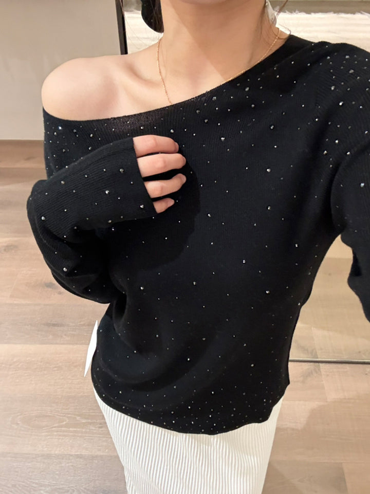 【tops】ラインストーン付きニットトップス Q9141