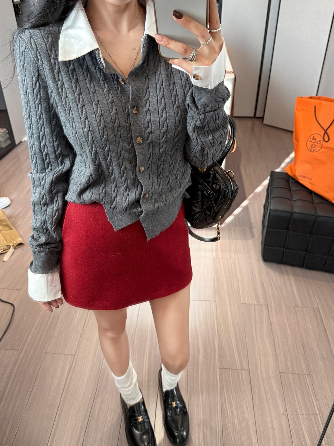 【tops】シャツネックフェイクレイヤードニットトップス Q9186