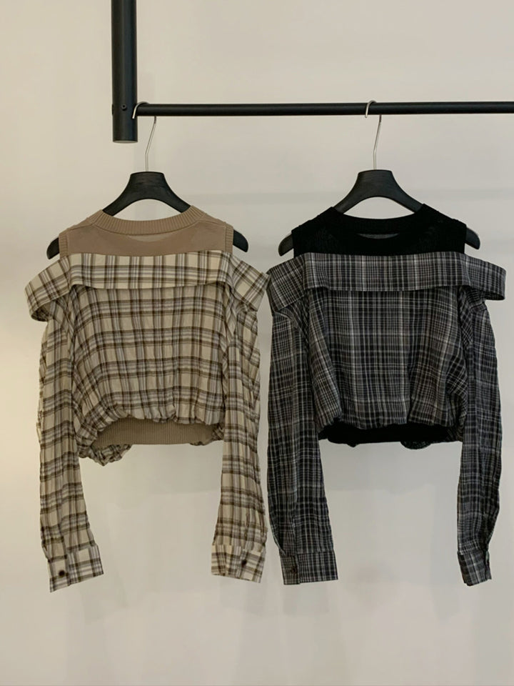 【tops】フェイクレイヤードチェック柄トップス Q9089