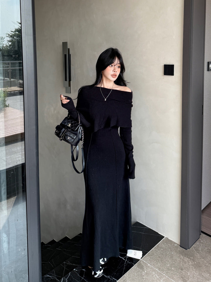 【dress】ケープ付きニットロングワンピース Q9179
