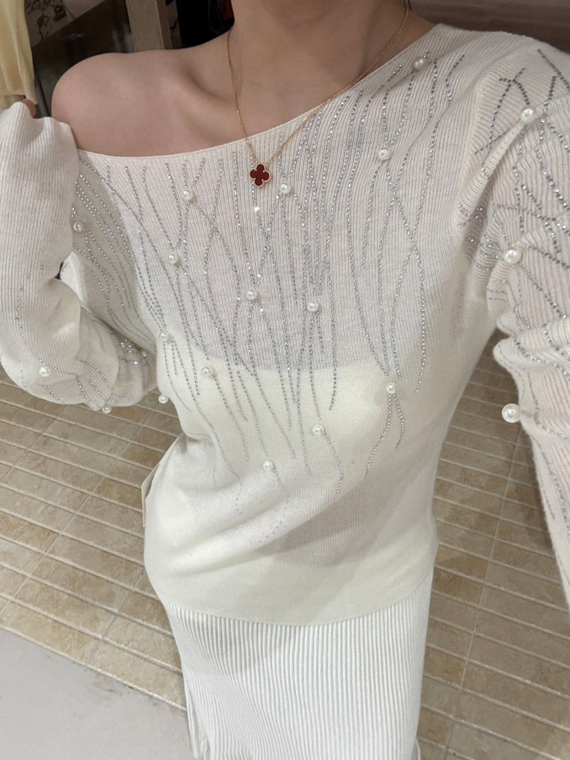 【tops】パール付きニットトップス Q9134