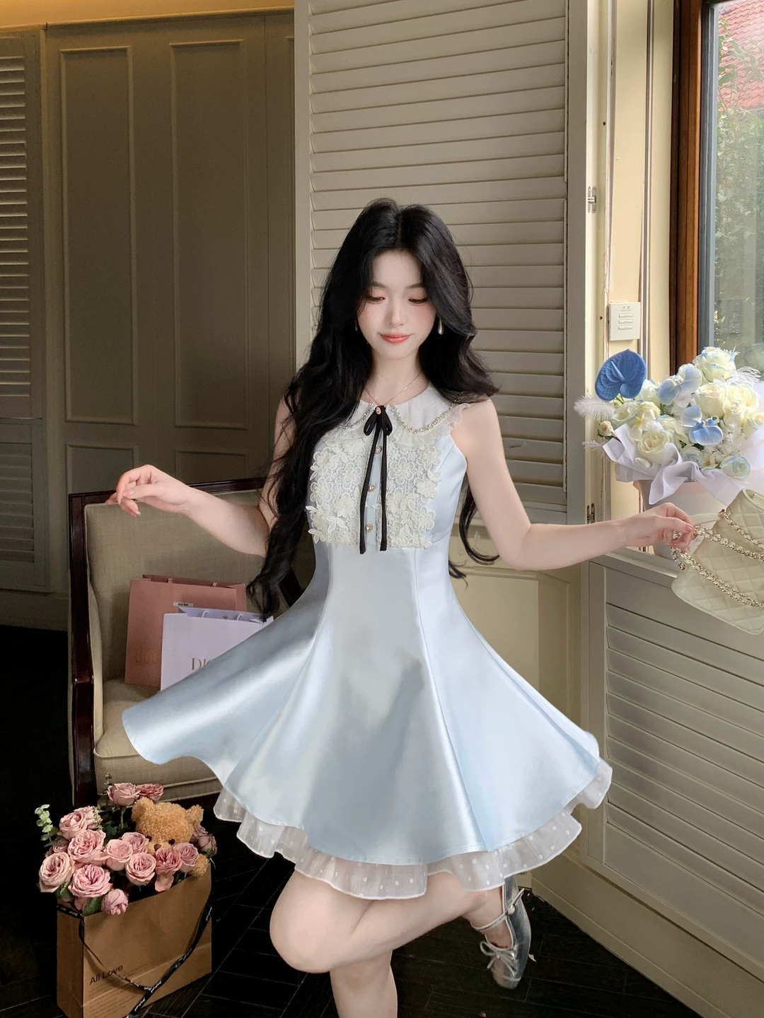 【dress】レースドッキングピーターパンカラーミニワンピース Q8549