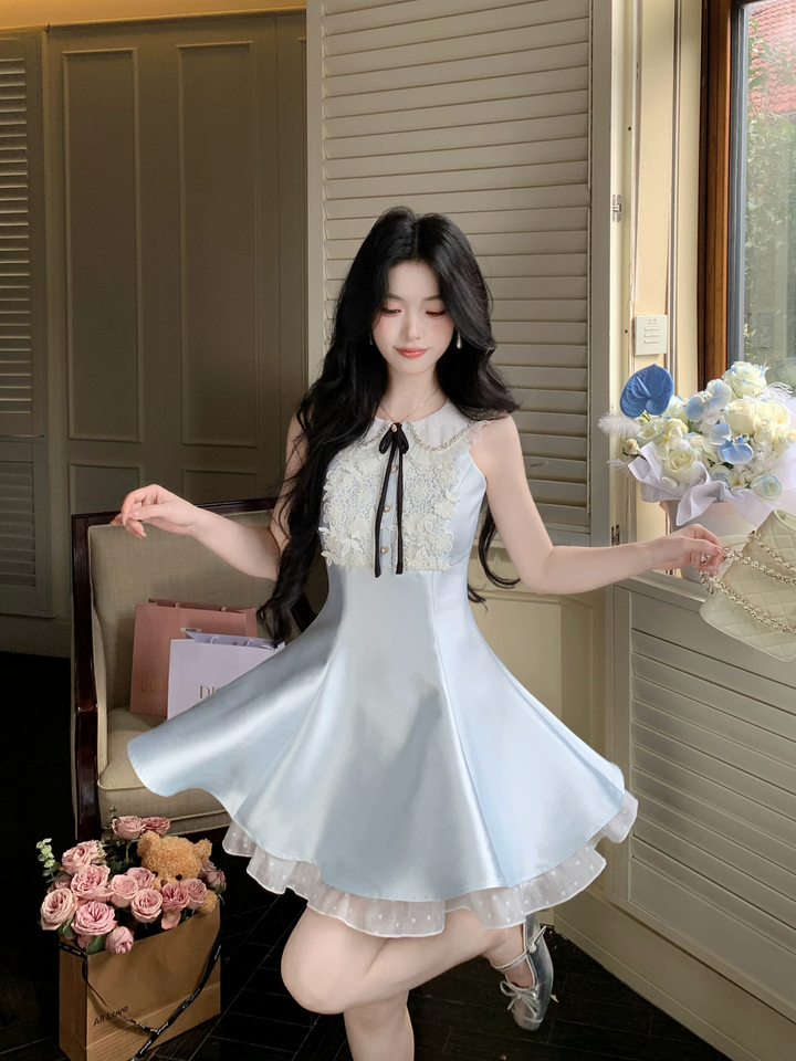 【dress】レースドッキングピーターパンカラーミニワンピース Q8549