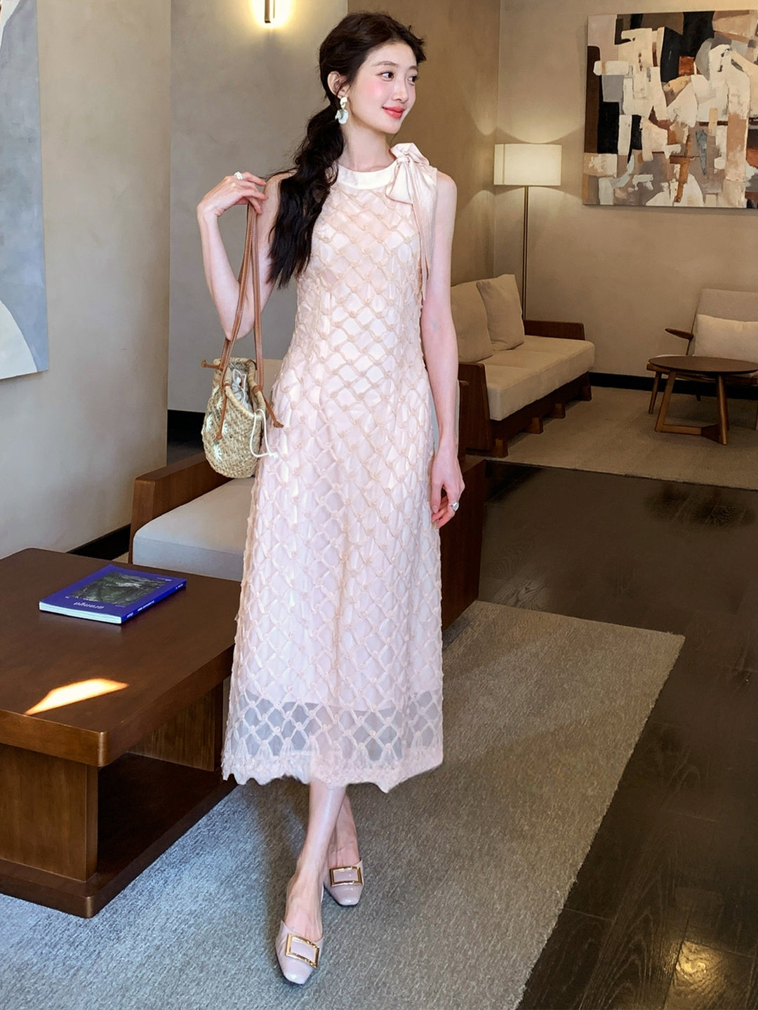 【dress】ノースリーブリボン付きロングワンピース Q8679
