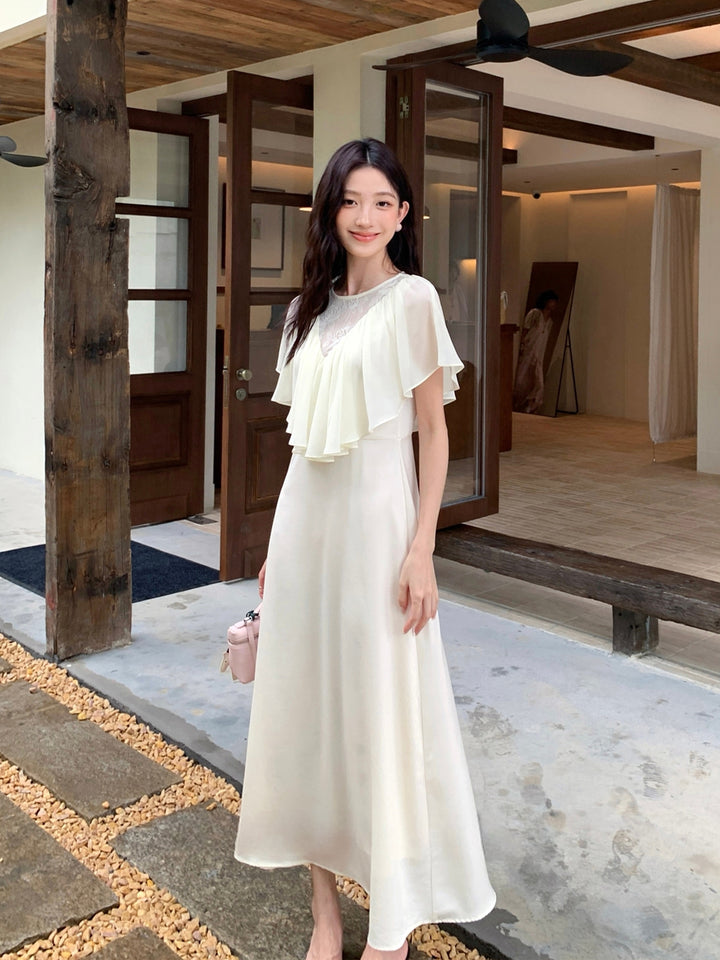 【dress】レースドッキングハンカチーフスリーブロングワンピース Q8675