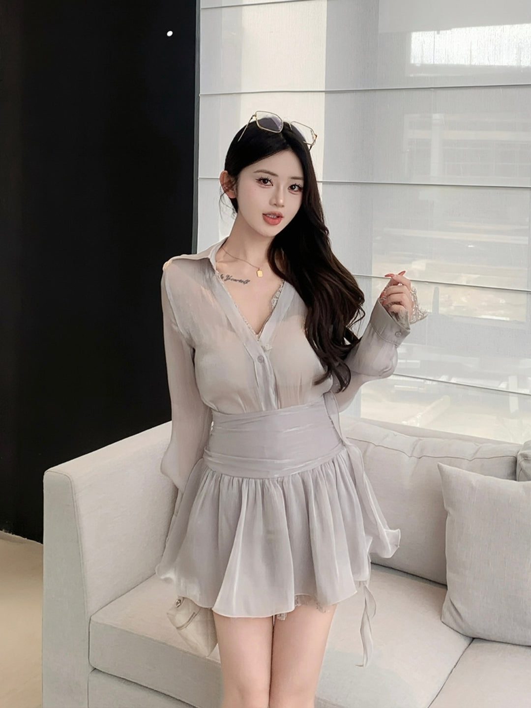 【set】レースドッキングトップス×ミニスカートセット Q9055