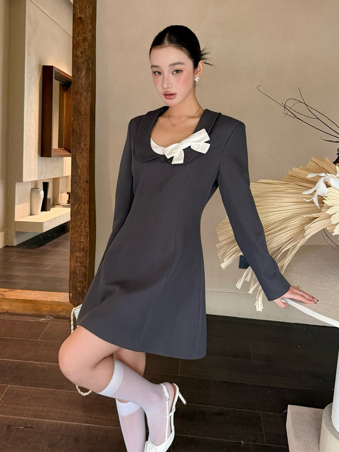 【dress】リボン付きピーターパンカラーワンピース Q8980