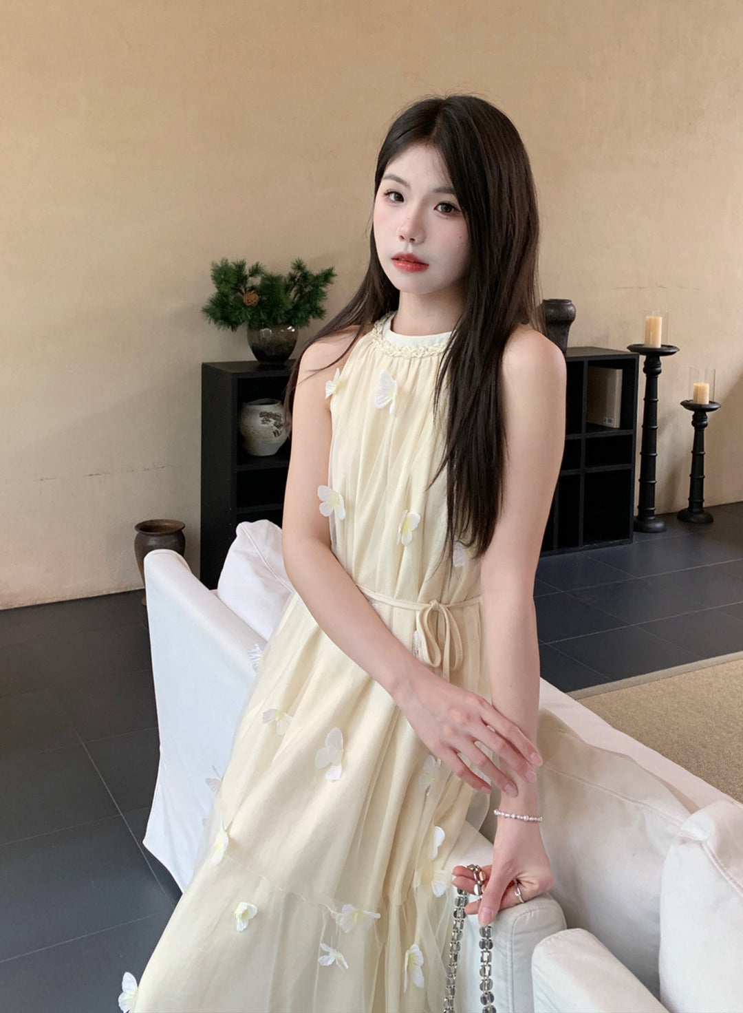 【dress】ノースリーブ立体感蝶ロングワンピース Q8662