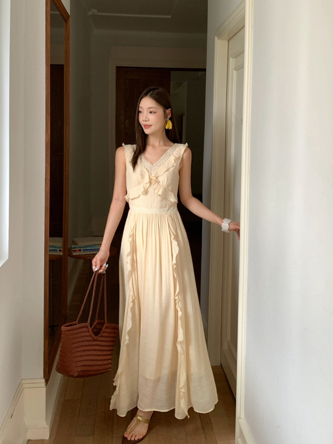 【dress】ノースリーブレースドッキングロングワンピース Q8657
