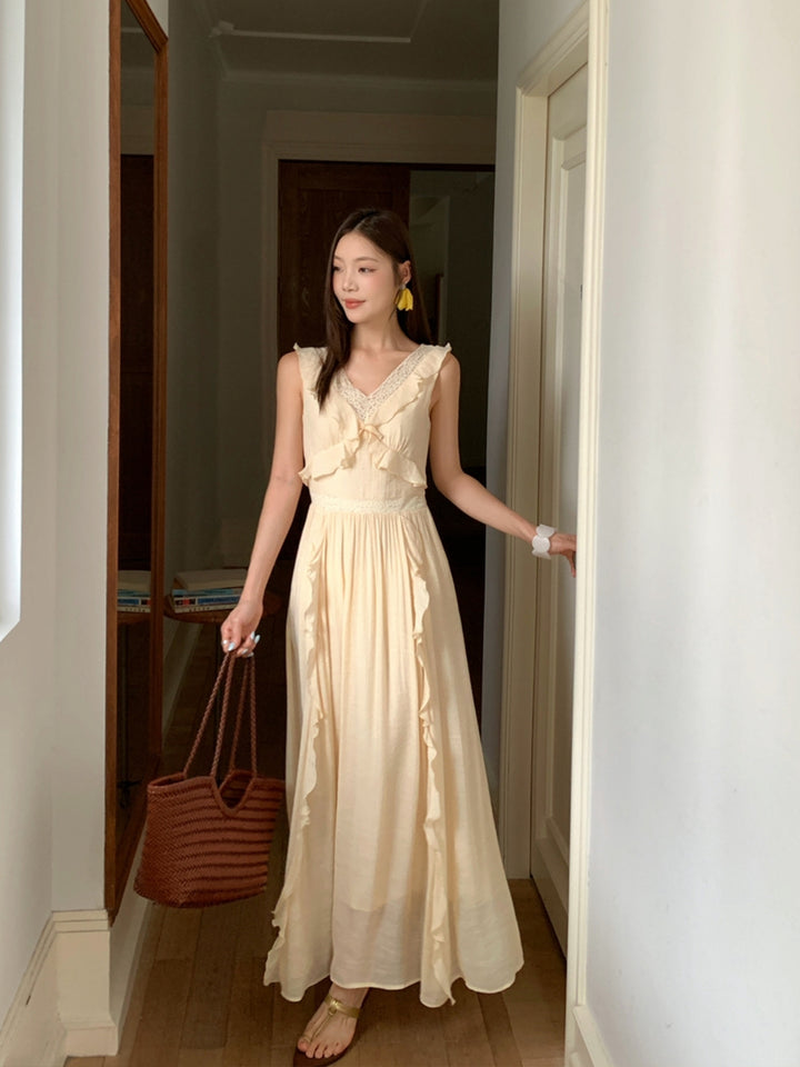 【dress】ノースリーブレースドッキングロングワンピース Q8657