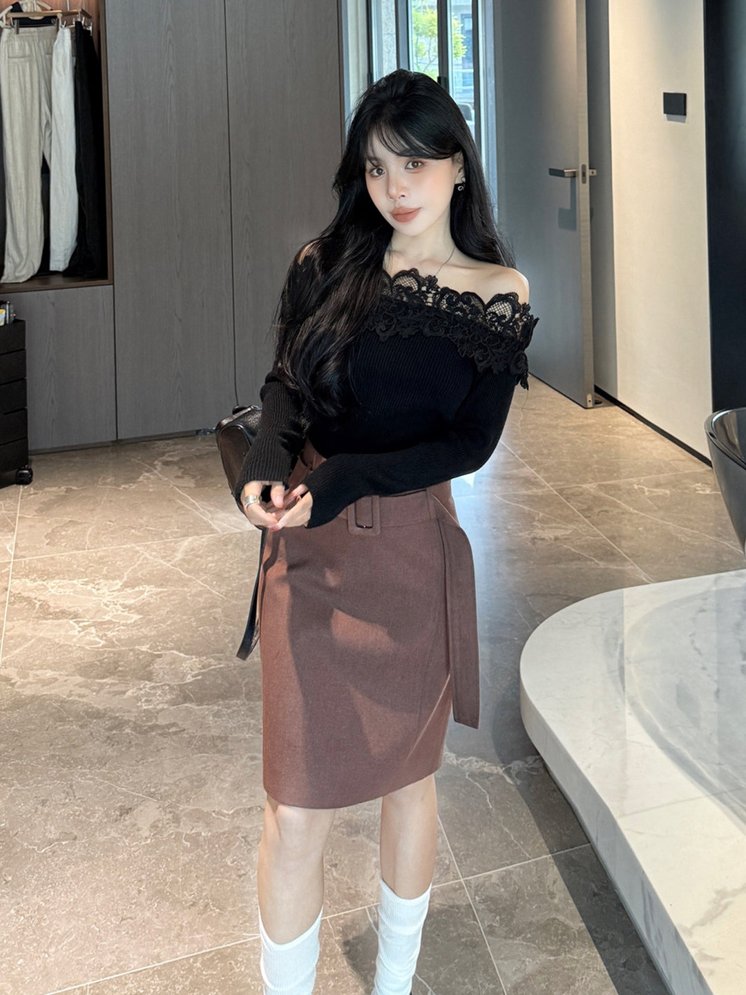 【tops】レースドッキングオフショルダーニットトップス Q9199