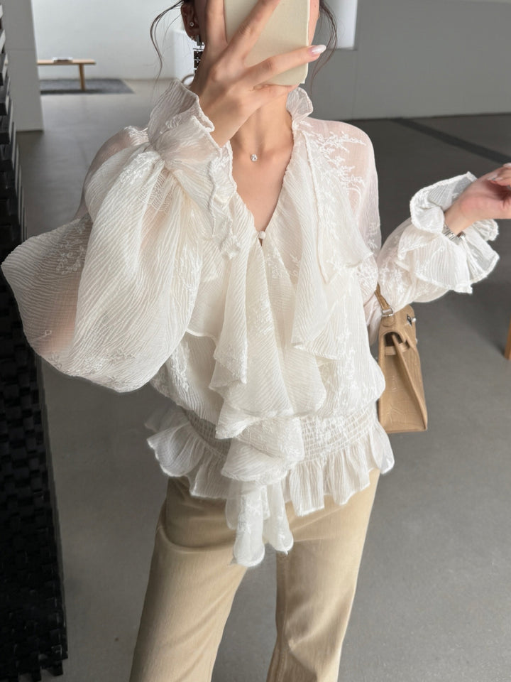【tops】ギャザーフリル刺繍トップス Q9001
