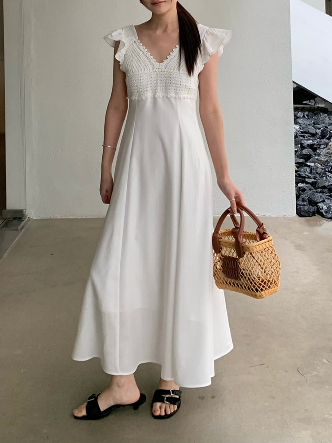 【dress】レースドッキングフラッタースリーブワンピース Q8672