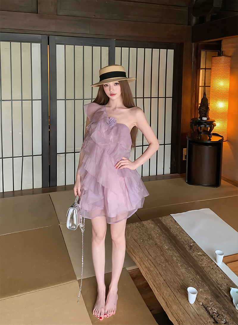 【dress】ワンショルダーチュールティアードワンピース Q8603
