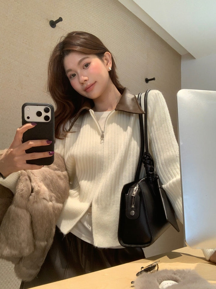 【outer】PUネックドッキングニットカーディガン Q9267