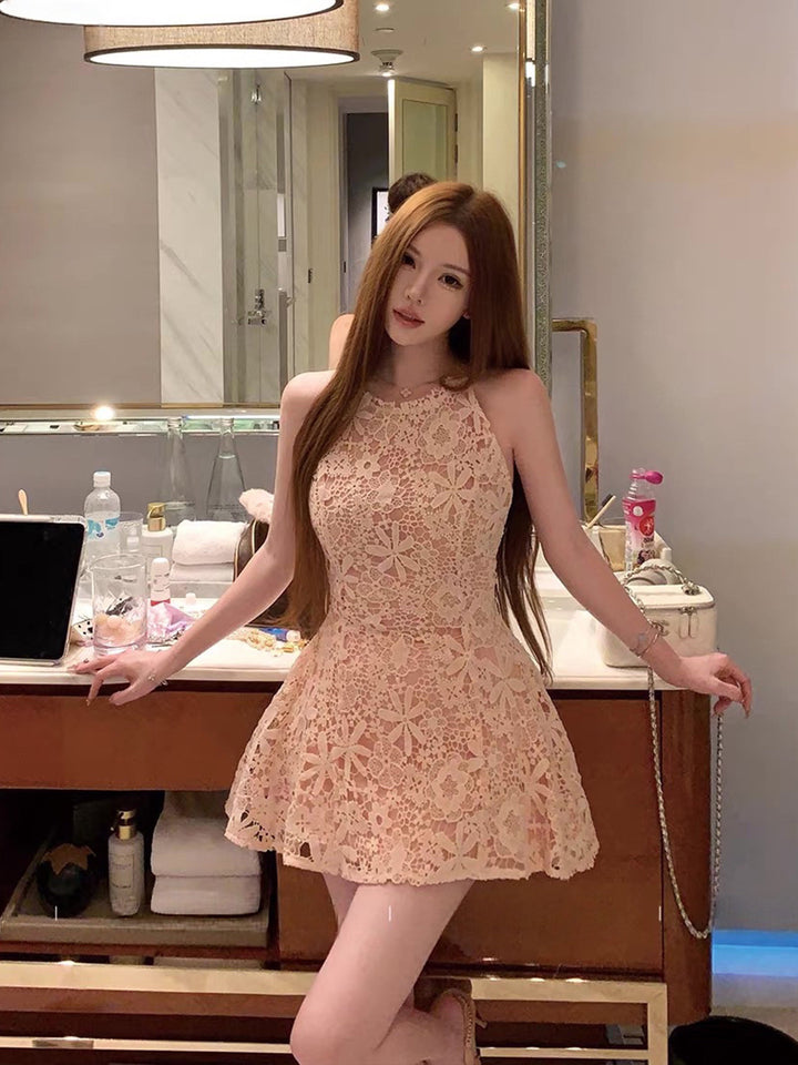 【dress】ベルト付きノースリーブレースワンピース Q8755
