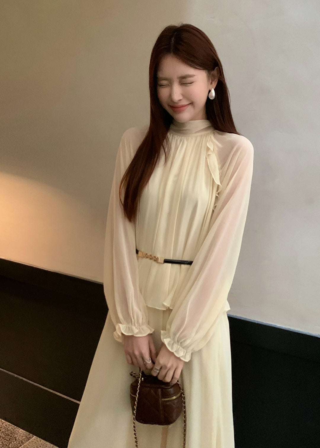 【dress】ベルト付きバックリボンロングワンピース Q8984