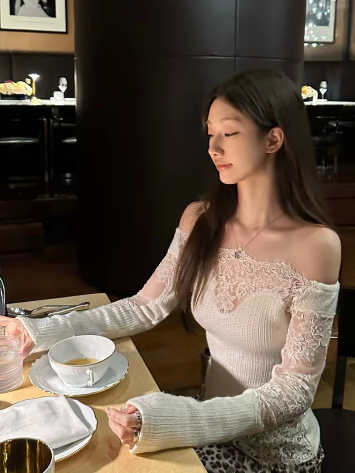 【tops】レースドッキングオフショルダーニットトップス Q9320