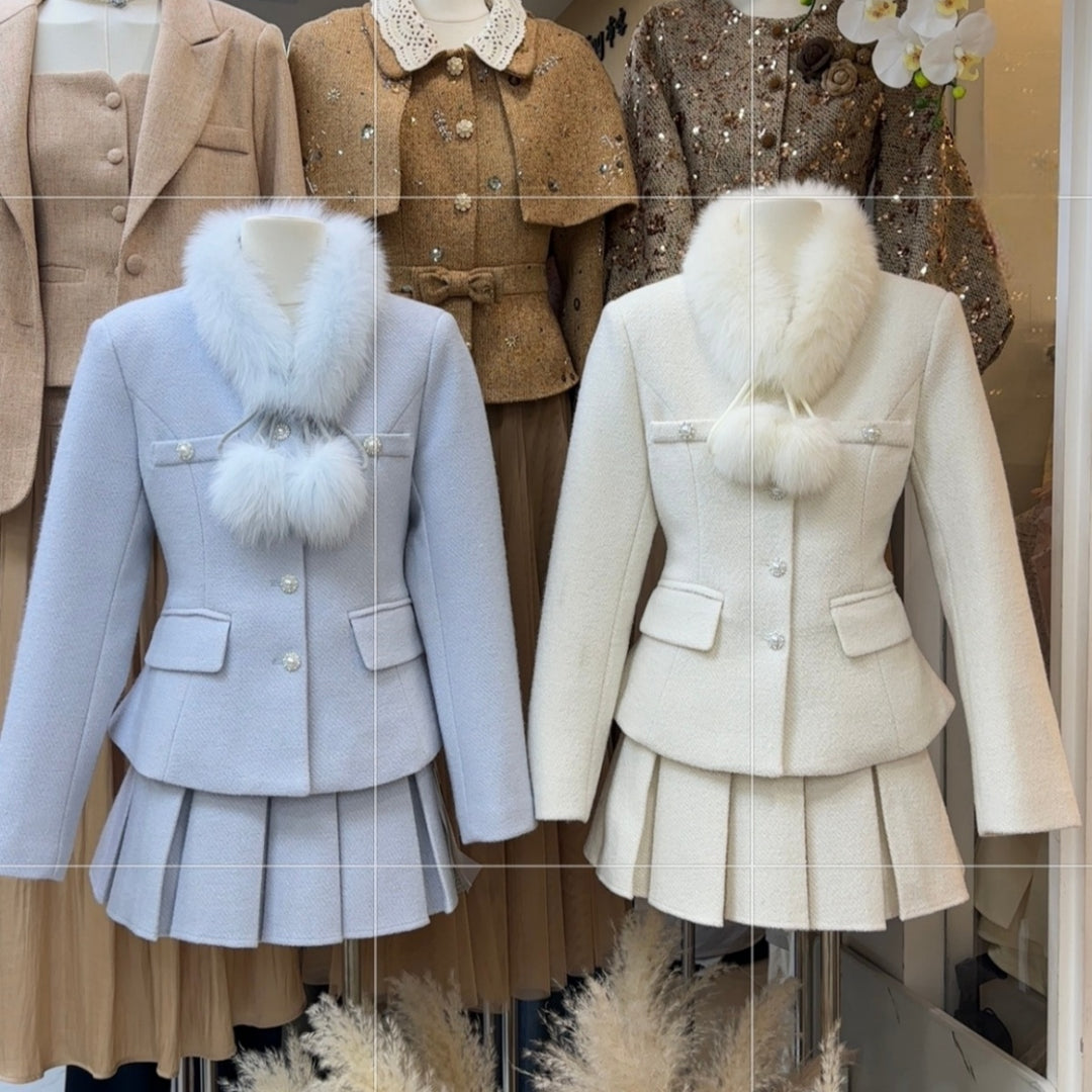 【set】ボリュームファー付きジャケット×プリーツスカートセット Q9317