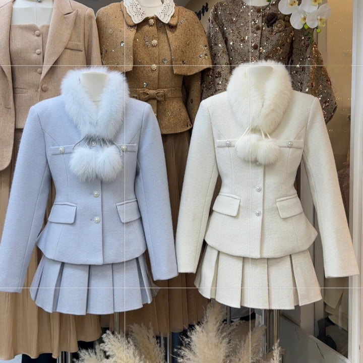 【set】ボリュームファー付きジャケット×プリーツスカートセット Q9317