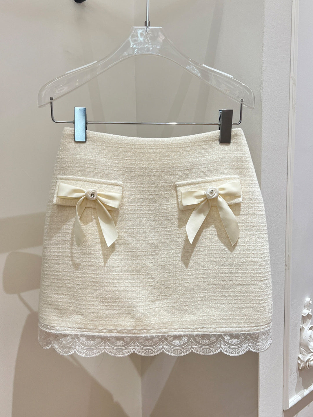 【bottoms】リボン付きレースドッキングミニスカート Q9096