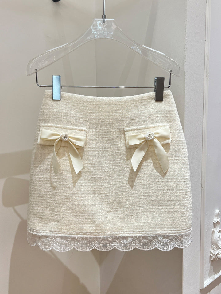 【bottoms】リボン付きレースドッキングミニスカート Q9096