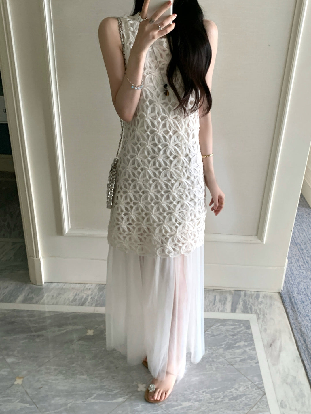 【dress】ノースリーブチュールドッキングロングワンピース Q8674