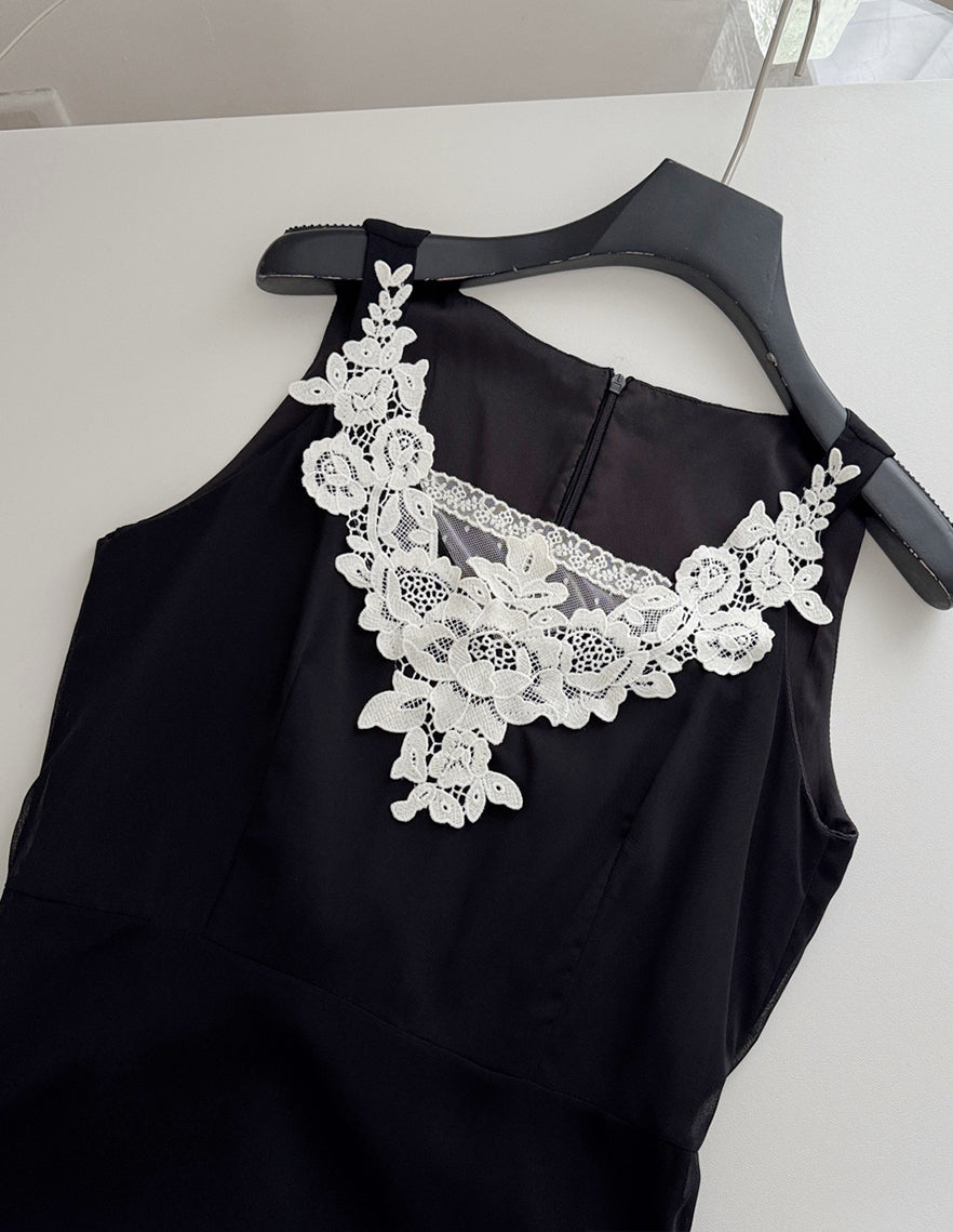 【dress】スカーフ付きレースドッキングロングワンピース Q8691