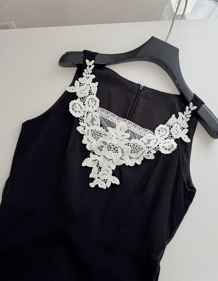 【dress】スカーフ付きレースドッキングロングワンピース Q8691