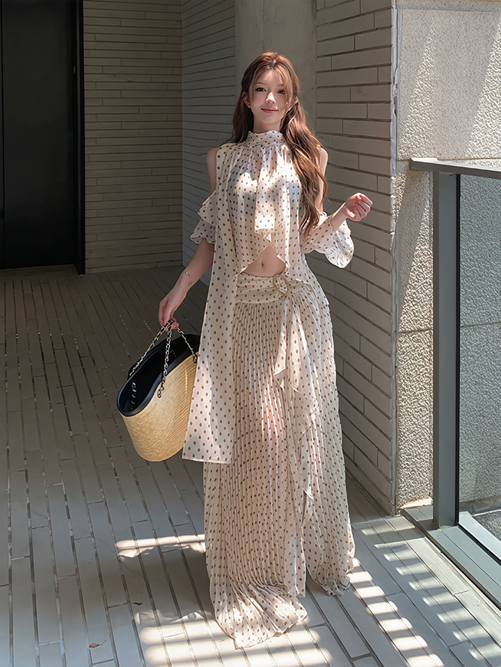 【set】ドット柄シャツ×ロングスカートセット Q8598