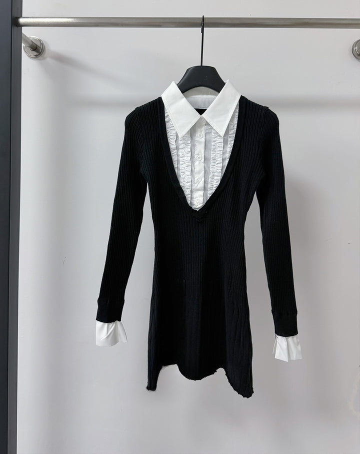 【dress】ニットドッキングフェイクレイヤードワンピース Q8994