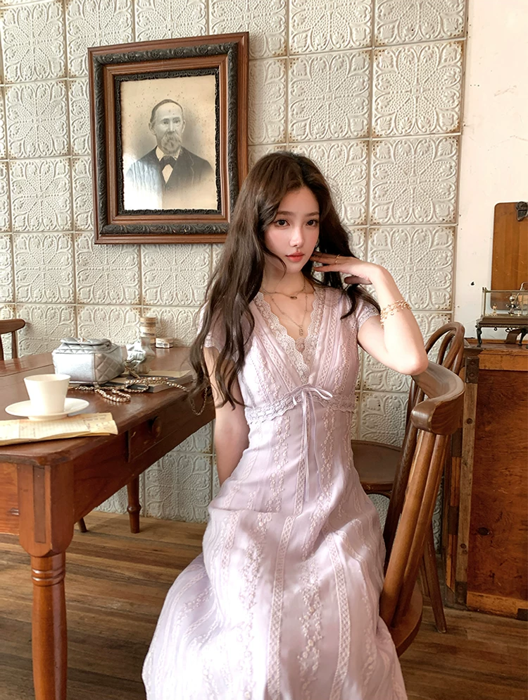【dress】レースドッキングロングワンピース Q8532