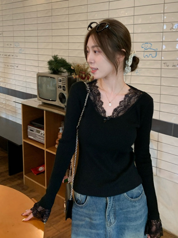 【tops】レースドッキングニットトップス Q9343