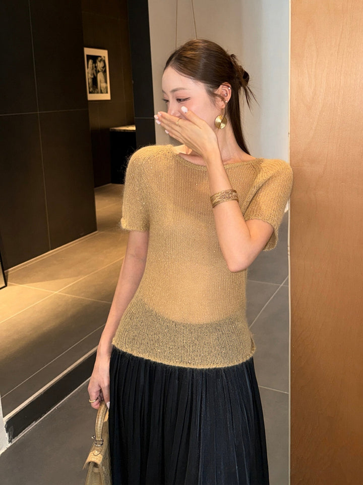 【tops】バックリボン半袖ニットトップス Q8979